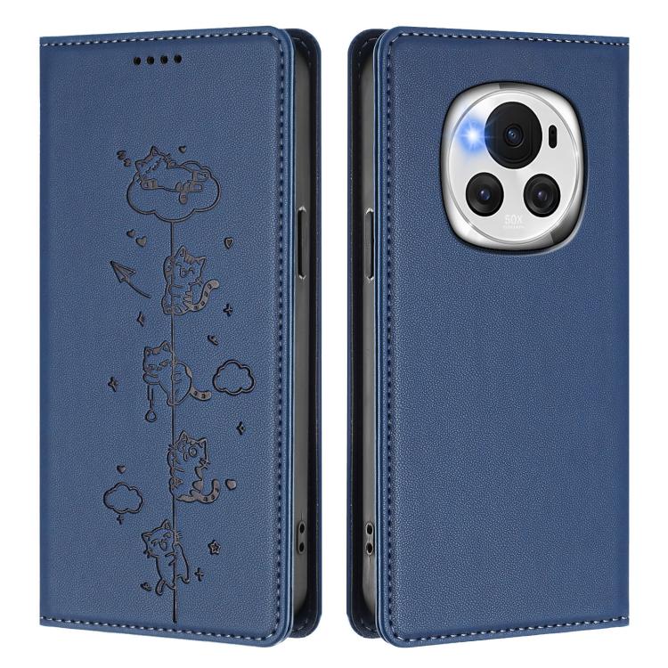 For Honor Magic6 5G Cute Cats Embossed Magnetic RFID Vegan Leather Phone Case