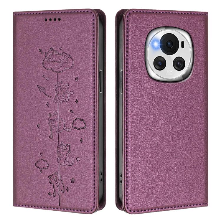 For Honor Magic6 5G Cute Cats Embossed Magnetic RFID Vegan Leather Phone Case