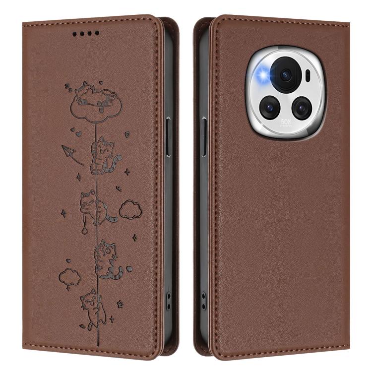 For Honor Magic6 5G Cute Cats Embossed Magnetic RFID Vegan Leather Phone Case