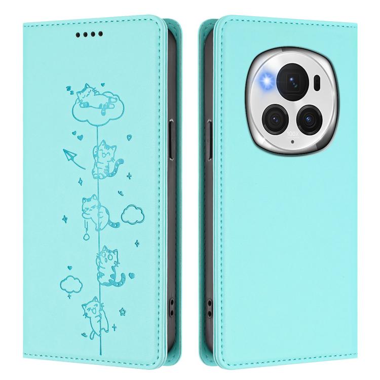 For Honor Magic6 Pro 5G Cute Cats Embossed Magnetic RFID Vegan Leather Phone Case