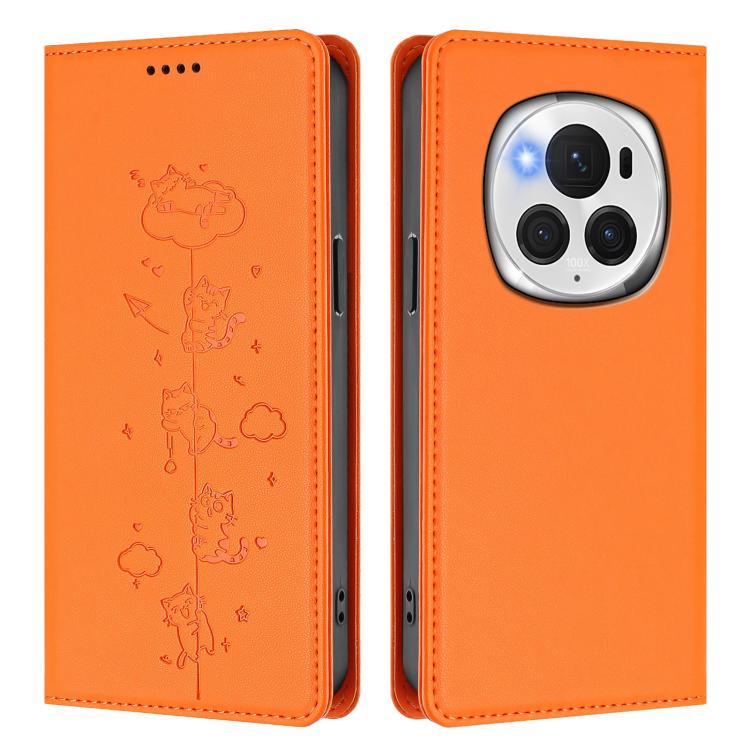 For Honor Magic6 Pro 5G Cute Cats Embossed Magnetic RFID Vegan Leather Phone Case