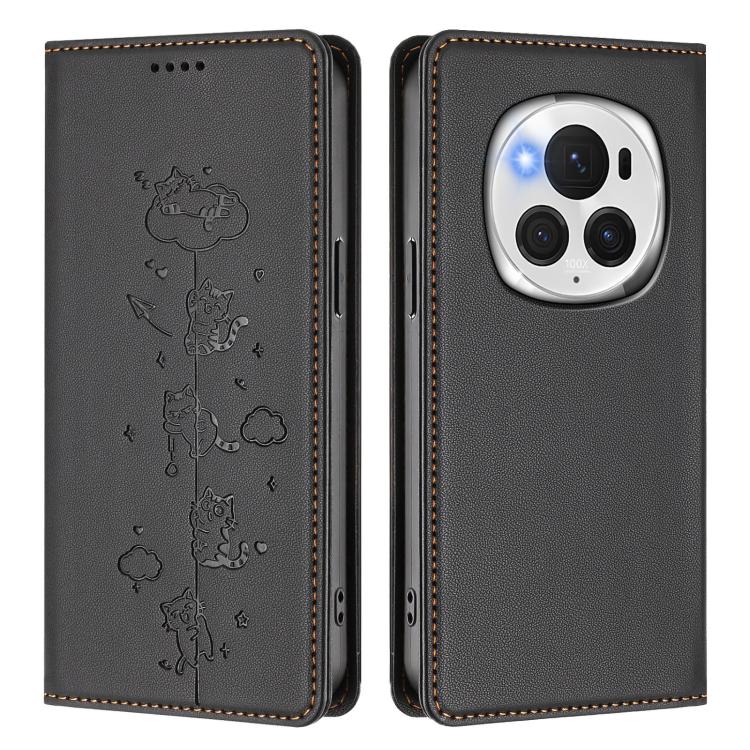 For Honor Magic6 Pro 5G Cute Cats Embossed Magnetic RFID Vegan Leather Phone Case