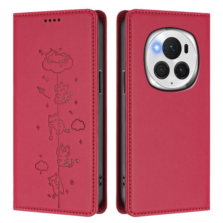 For Honor Magic6 Pro 5G Cute Cats Embossed Magnetic RFID Vegan Leather Phone Case