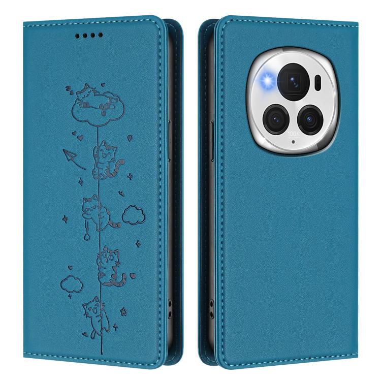 For Honor Magic6 Pro 5G Cute Cats Embossed Magnetic RFID Vegan Leather Phone Case