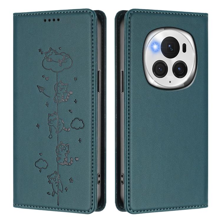 For Honor Magic6 Pro 5G Cute Cats Embossed Magnetic RFID Vegan Leather Phone Case