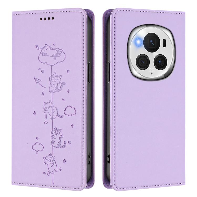 For Honor Magic6 Pro 5G Cute Cats Embossed Magnetic RFID Vegan Leather Phone Case