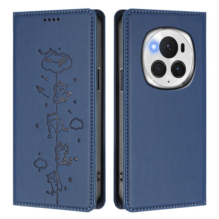 For Honor Magic6 Pro 5G Cute Cats Embossed Magnetic RFID Vegan Leather Phone Case