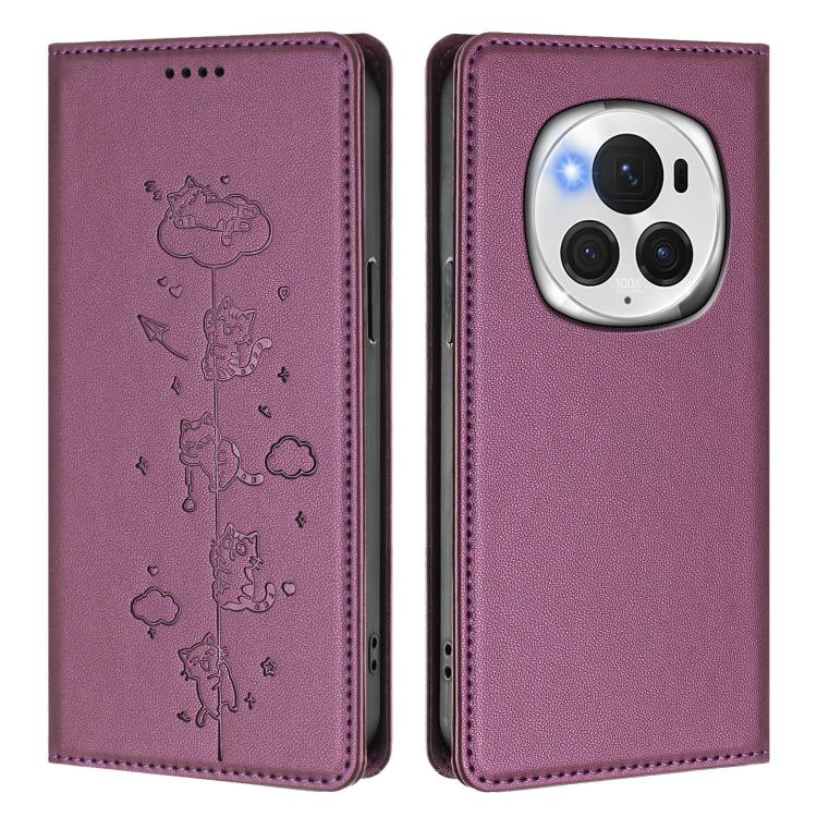For Honor Magic6 Pro 5G Cute Cats Embossed Magnetic RFID Vegan Leather Phone Case