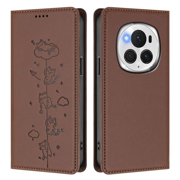 For Honor Magic6 Pro 5G Cute Cats Embossed Magnetic RFID Vegan Leather Phone Case