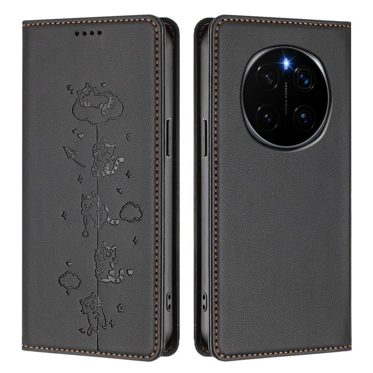 For Honor Magic7 5G Cute Cats Embossed Magnetic RFID Vegan Leather Phone Case