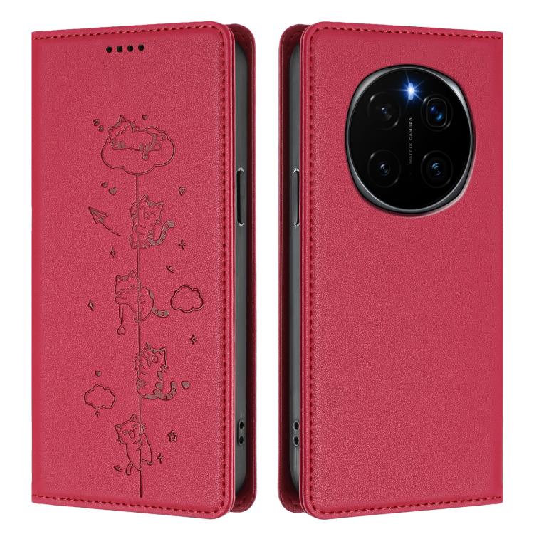 For Honor Magic7 5G Cute Cats Embossed Magnetic RFID Vegan Leather Phone Case