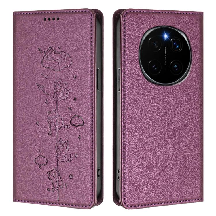 For Honor Magic7 5G Cute Cats Embossed Magnetic RFID Vegan Leather Phone Case