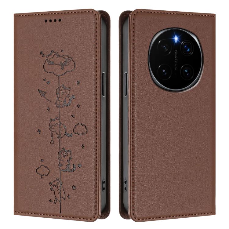 For Honor Magic7 5G Cute Cats Embossed Magnetic RFID Vegan Leather Phone Case