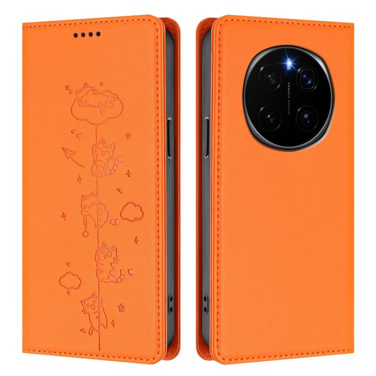 For Honor Magic7 Pro 5G Cute Cats Embossed Magnetic RFID Vegan Leather Phone Case