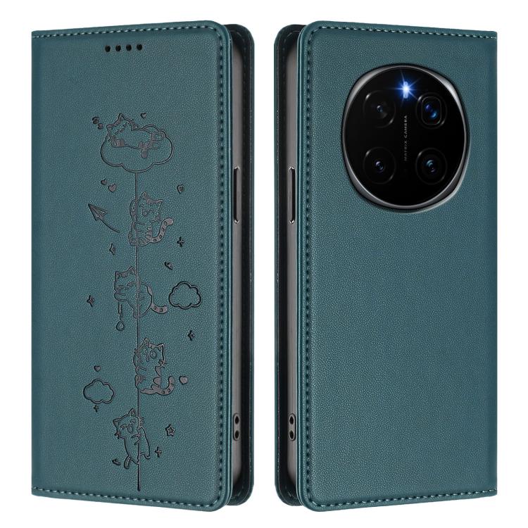 For Honor Magic7 Pro 5G Cute Cats Embossed Magnetic RFID Vegan Leather Phone Case