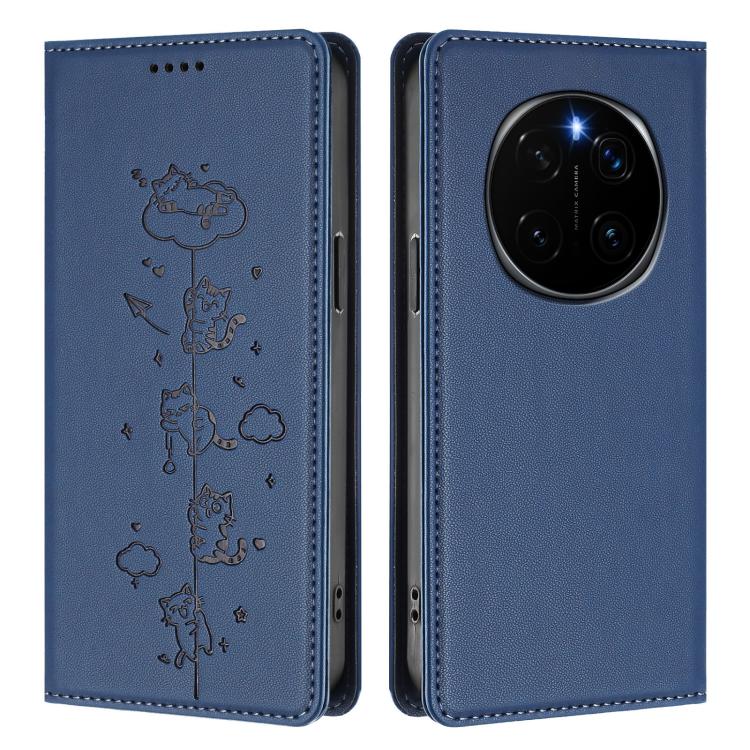 For Honor Magic7 Pro 5G Cute Cats Embossed Magnetic RFID Vegan Leather Phone Case