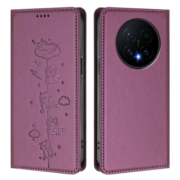 For Honor Magic8 Cute Cats Embossed Magnetic RFID Vegan Leather Phone Case
