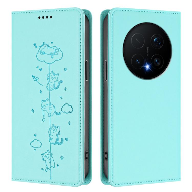 For Honor Magic8 Pro Cute Cats Embossed Magnetic RFID Vegan Leather Phone Case