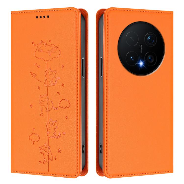 For Honor Magic8 Pro Cute Cats Embossed Magnetic RFID Vegan Leather Phone Case