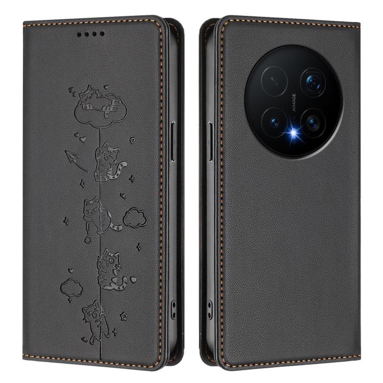 For Honor Magic8 Pro Cute Cats Embossed Magnetic RFID Vegan Leather Phone Case