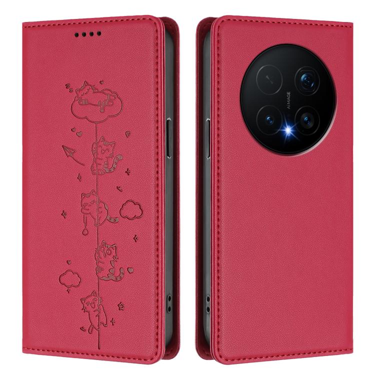 For Honor Magic8 Pro Cute Cats Embossed Magnetic RFID Vegan Leather Phone Case