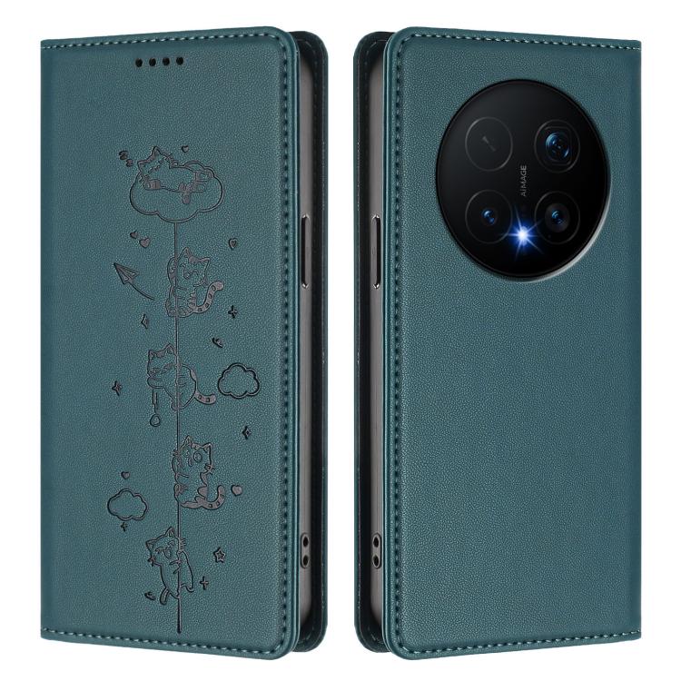 For Honor Magic8 Pro Cute Cats Embossed Magnetic RFID Vegan Leather Phone Case
