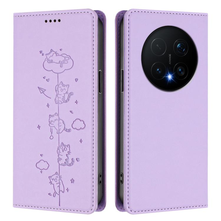 For Honor Magic8 Pro Cute Cats Embossed Magnetic RFID Vegan Leather Phone Case