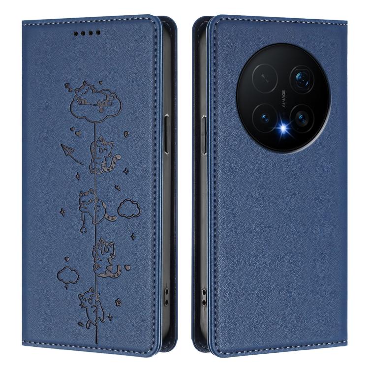 For Honor Magic8 Pro Cute Cats Embossed Magnetic RFID Vegan Leather Phone Case