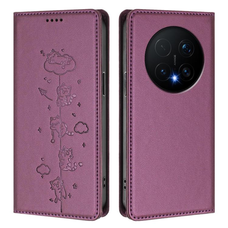 For Honor Magic8 Pro Cute Cats Embossed Magnetic RFID Vegan Leather Phone Case