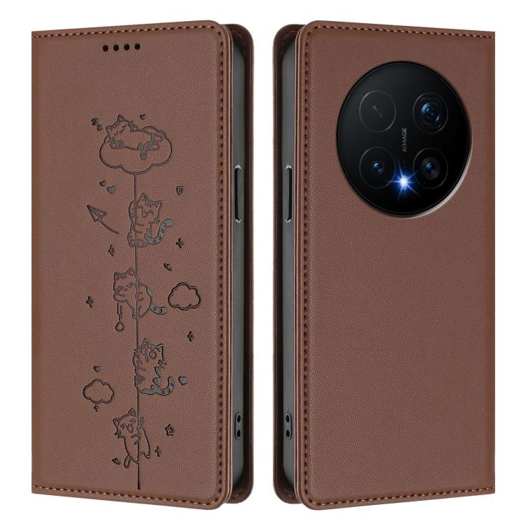For Honor Magic8 Pro Cute Cats Embossed Magnetic RFID Vegan Leather Phone Case