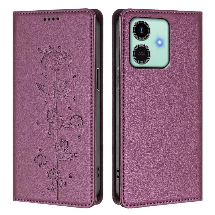 For Honor Play10 4G Cute Cats Embossed Magnetic RFID Vegan Leather Phone Case