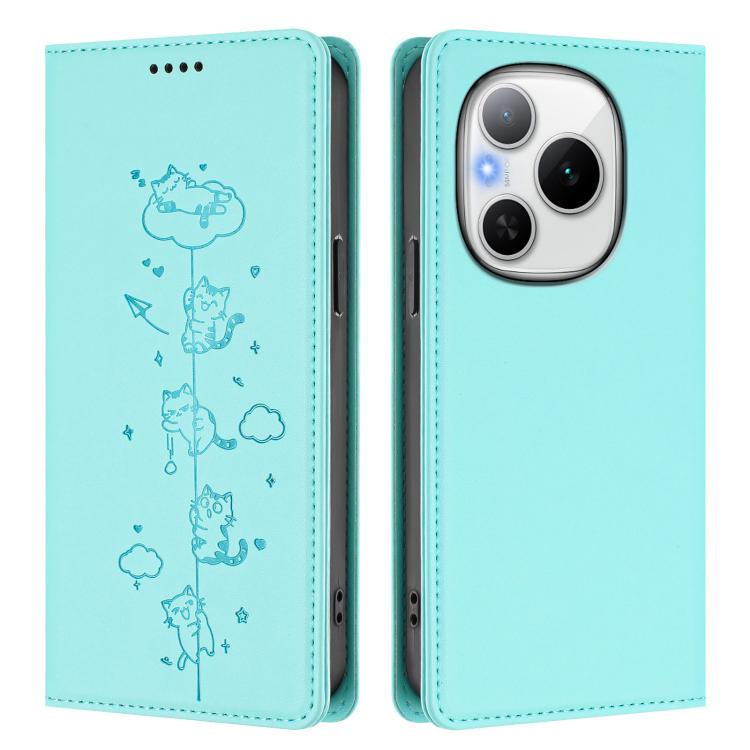 For Honor Power 5G Cute Cats Embossed Magnetic RFID Vegan Leather Phone Case