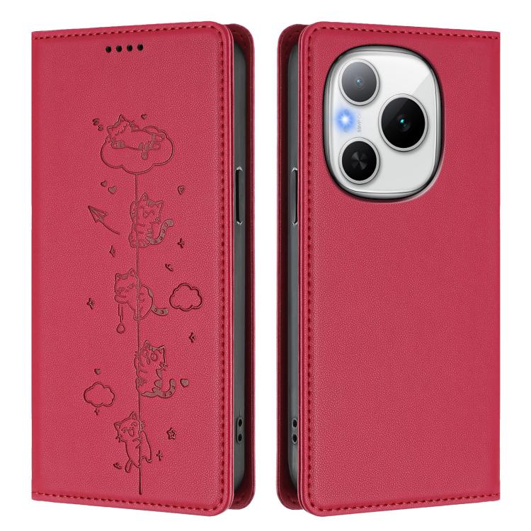 For Honor Power 5G Cute Cats Embossed Magnetic RFID Vegan Leather Phone Case