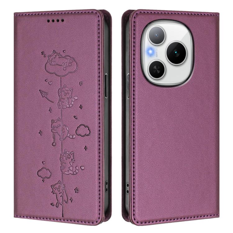 For Honor Power 5G Cute Cats Embossed Magnetic RFID Vegan Leather Phone Case