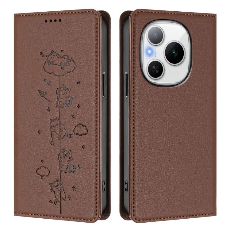 For Honor Power 5G Cute Cats Embossed Magnetic RFID Vegan Leather Phone Case