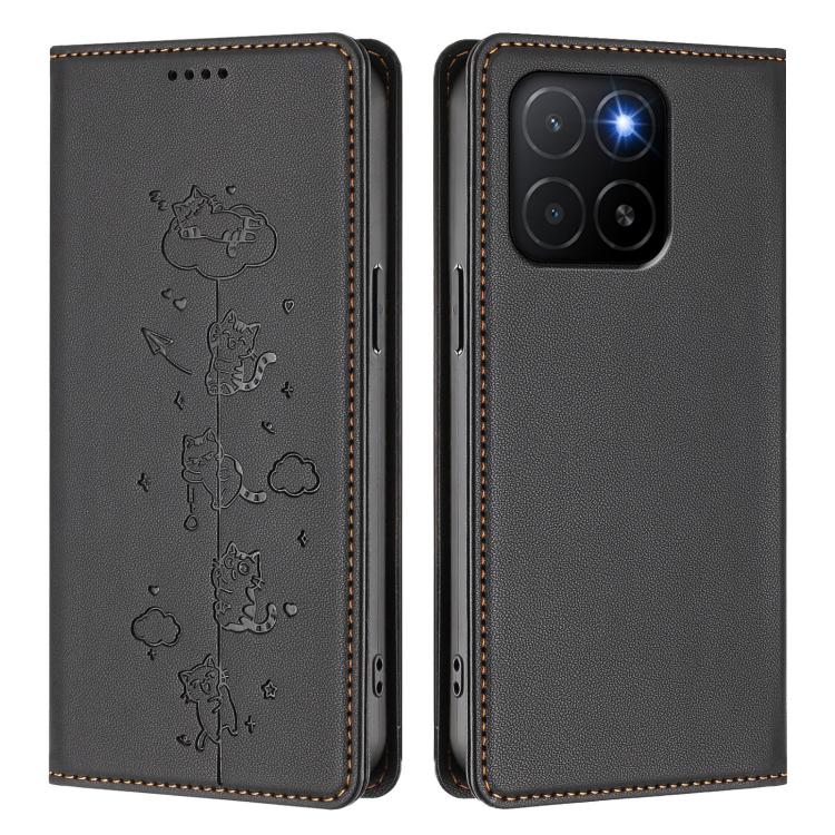 For Honor X5b / X5b Plus 4G Cute Cats Embossed Magnetic RFID Vegan Leather Phone Case