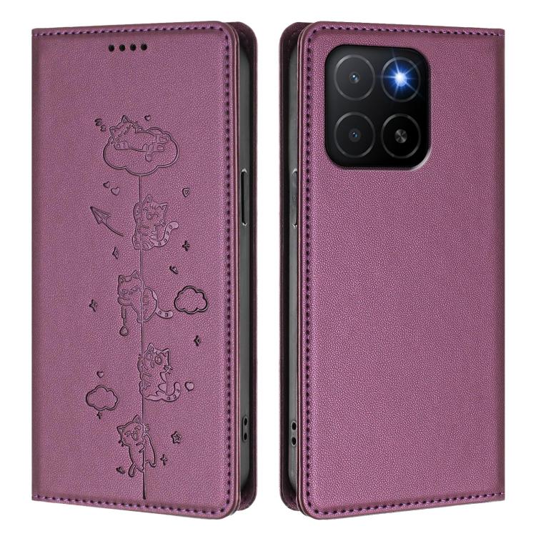 For Honor X5b / X5b Plus 4G Cute Cats Embossed Magnetic RFID Vegan Leather Phone Case