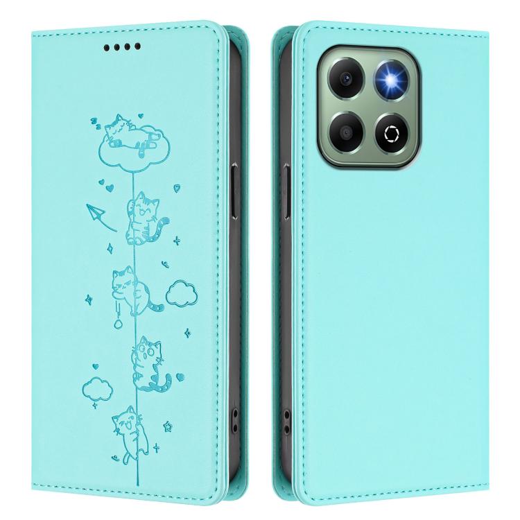 For Honor X6b / X6a 4G Cute Cats Embossed Magnetic RFID Vegan Leather Phone Case