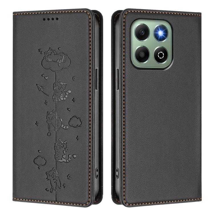 For Honor X6b / X6a 4G Cute Cats Embossed Magnetic RFID Vegan Leather Phone Case