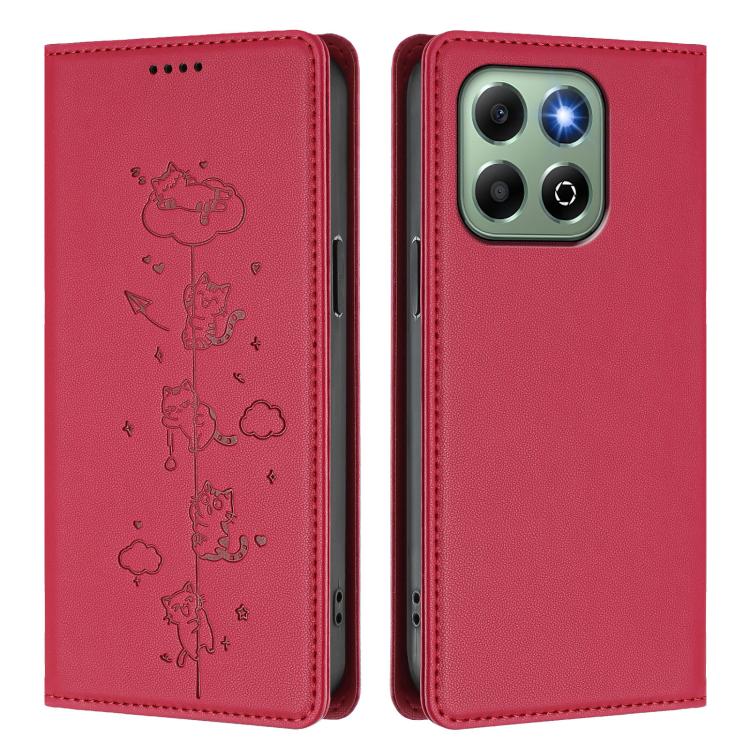 For Honor X6b / X6a 4G Cute Cats Embossed Magnetic RFID Vegan Leather Phone Case