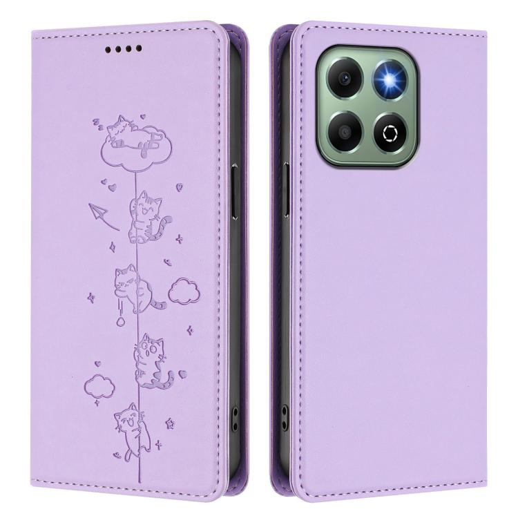 For Honor X6b / X6a 4G Cute Cats Embossed Magnetic RFID Vegan Leather Phone Case
