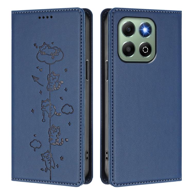 For Honor X6b / X6a 4G Cute Cats Embossed Magnetic RFID Vegan Leather Phone Case