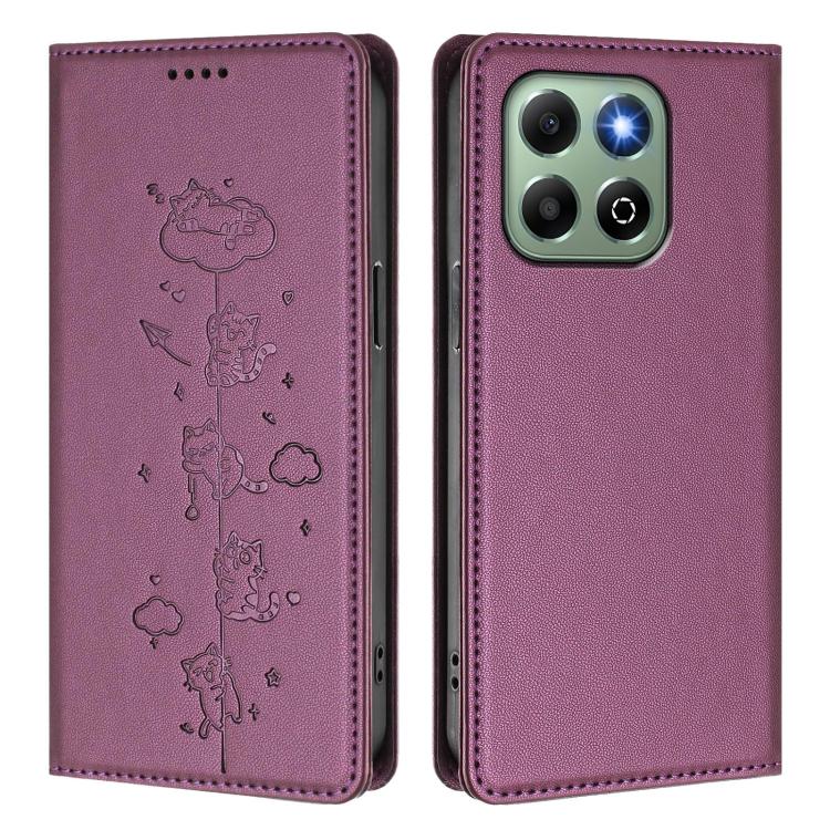 For Honor X6b / X6a 4G Cute Cats Embossed Magnetic RFID Vegan Leather Phone Case