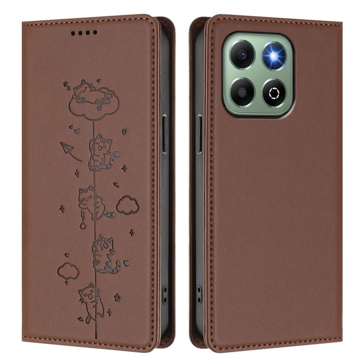 For Honor X6b / X6a 4G Cute Cats Embossed Magnetic RFID Vegan Leather Phone Case