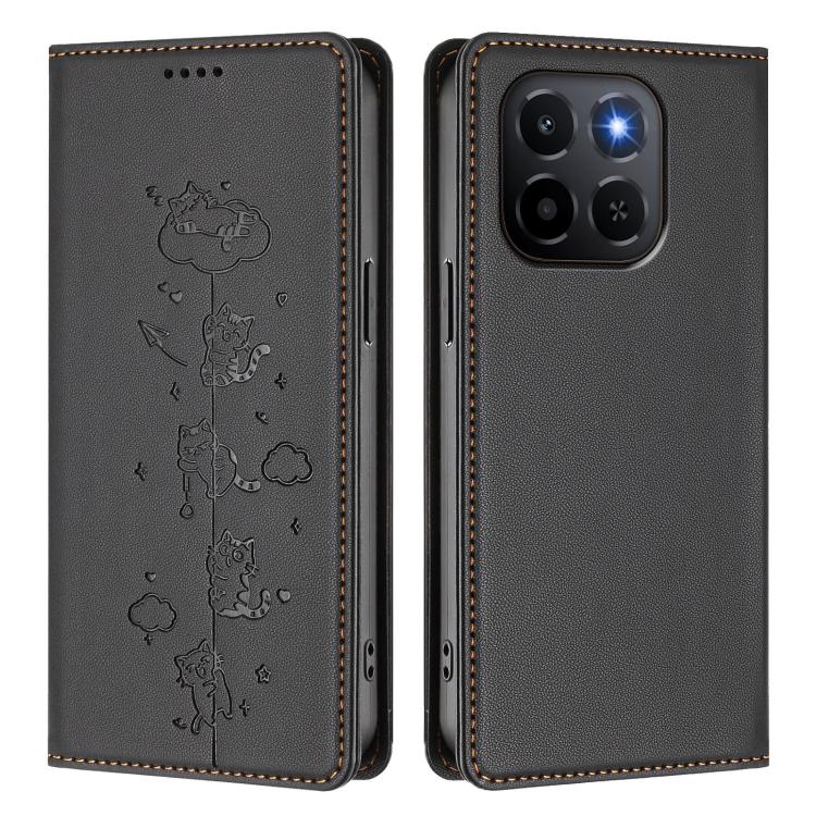 For Honor X6c 4G Cute Cats Embossed Magnetic RFID Vegan Leather Phone Case