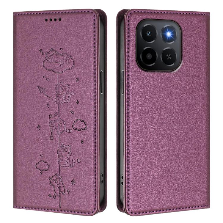 For Honor X6c 4G Cute Cats Embossed Magnetic RFID Vegan Leather Phone Case