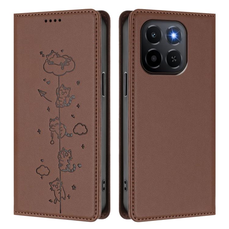 For Honor X6c 4G Cute Cats Embossed Magnetic RFID Vegan Leather Phone Case