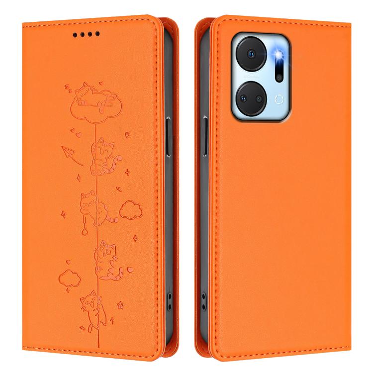 For Honor X7a 4G / Play7T 5G Cute Cats Embossed Magnetic RFID Vegan Leather Phone Case