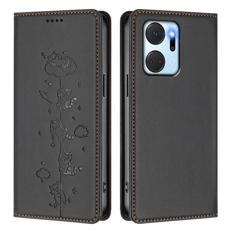 For Honor X7a 4G / Play7T 5G Cute Cats Embossed Magnetic RFID Vegan Leather Phone Case
