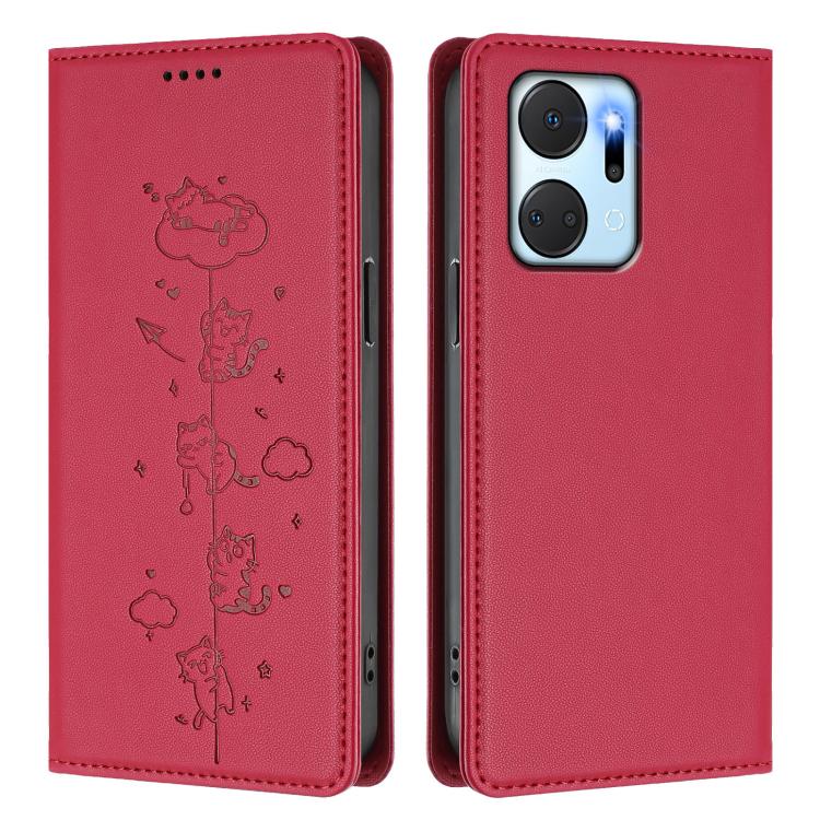 For Honor X7a 4G / Play7T 5G Cute Cats Embossed Magnetic RFID Vegan Leather Phone Case
